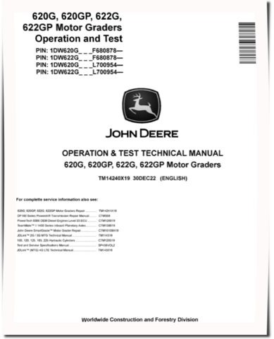 John Deere 620G, 620GP, 622G and 622GP Motor Graders (SN. from F680878, L700954) Operation and Test Manual (TM14240X19)